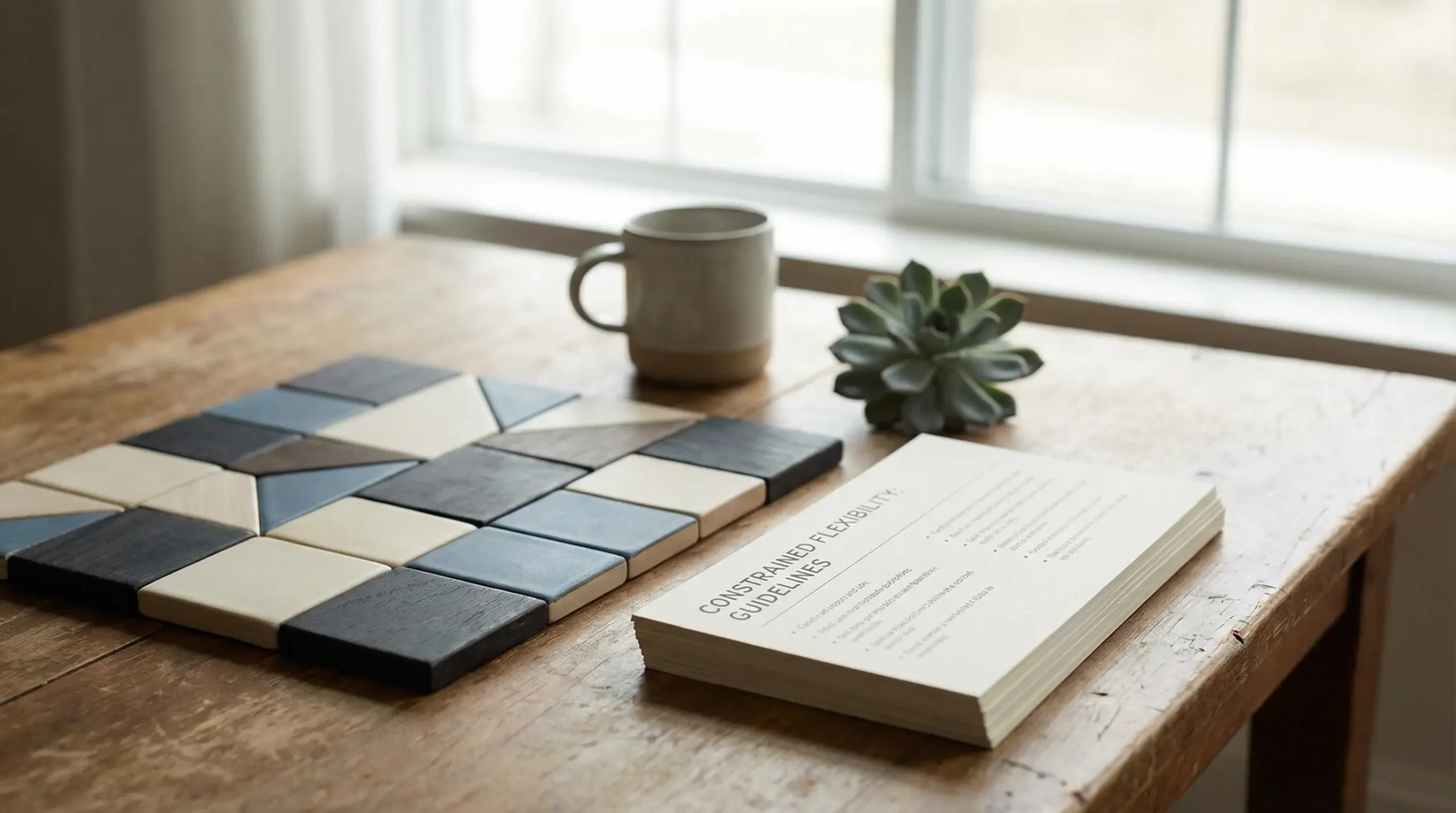 Geometric tiles beside a “constrained flexibility” booklet