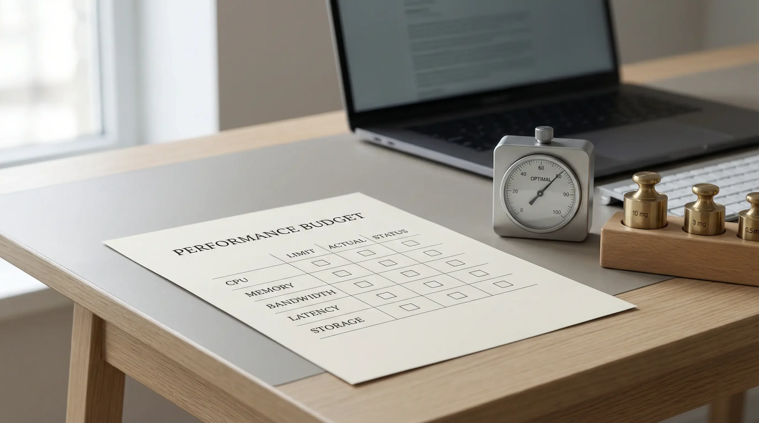 Performance budget checklist on a desk beside a laptop and gauge