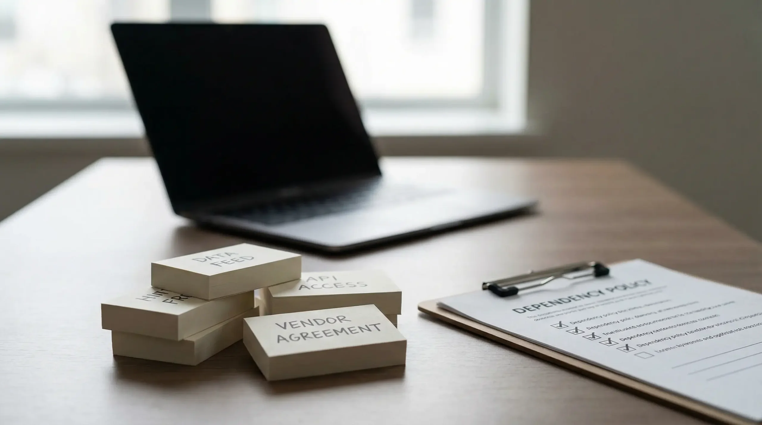Stacked blocks labelled as vendor agreements beside a dependency checklist