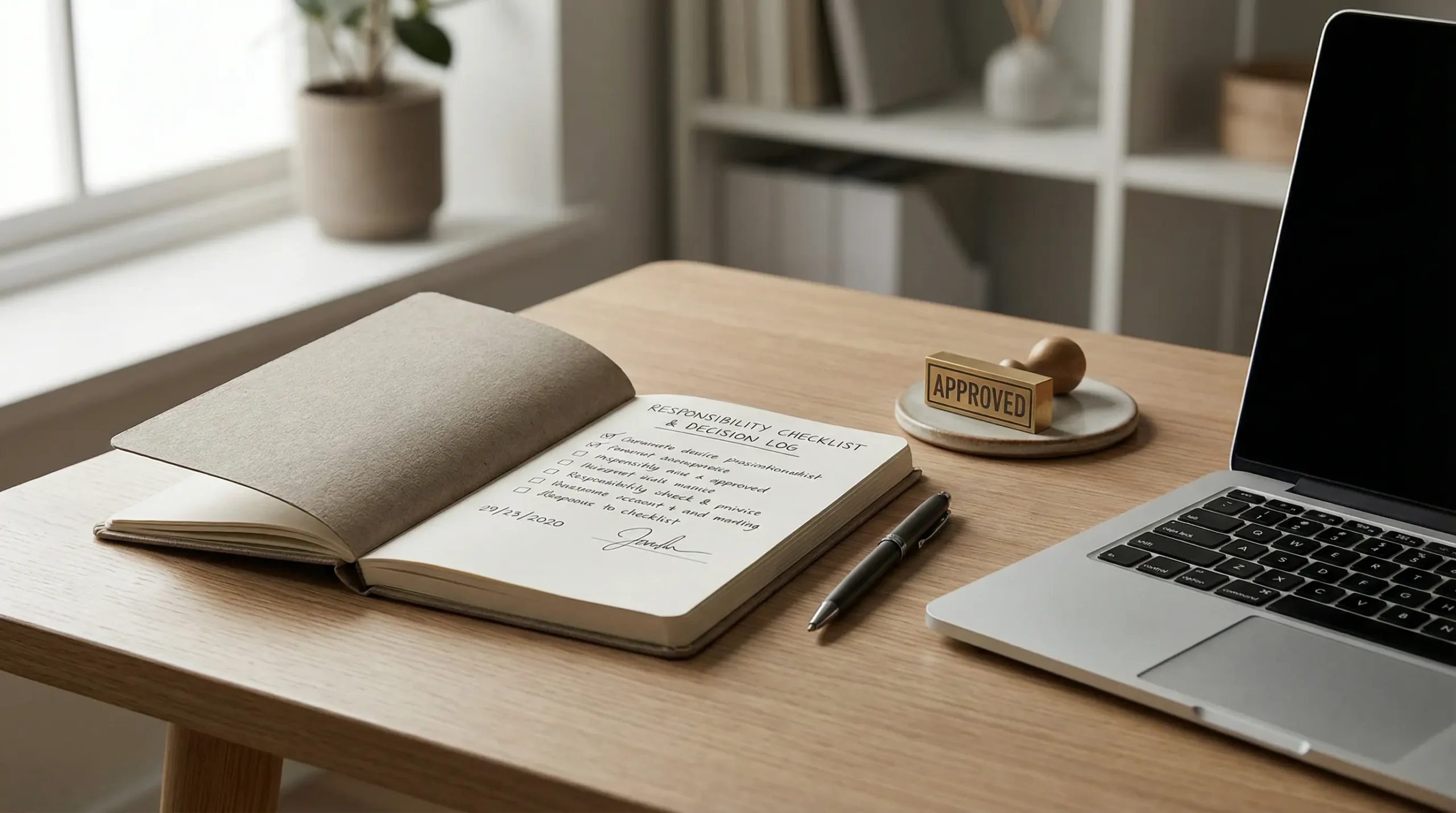 Open notebook with decision checklist beside a laptop and “approved” stamp