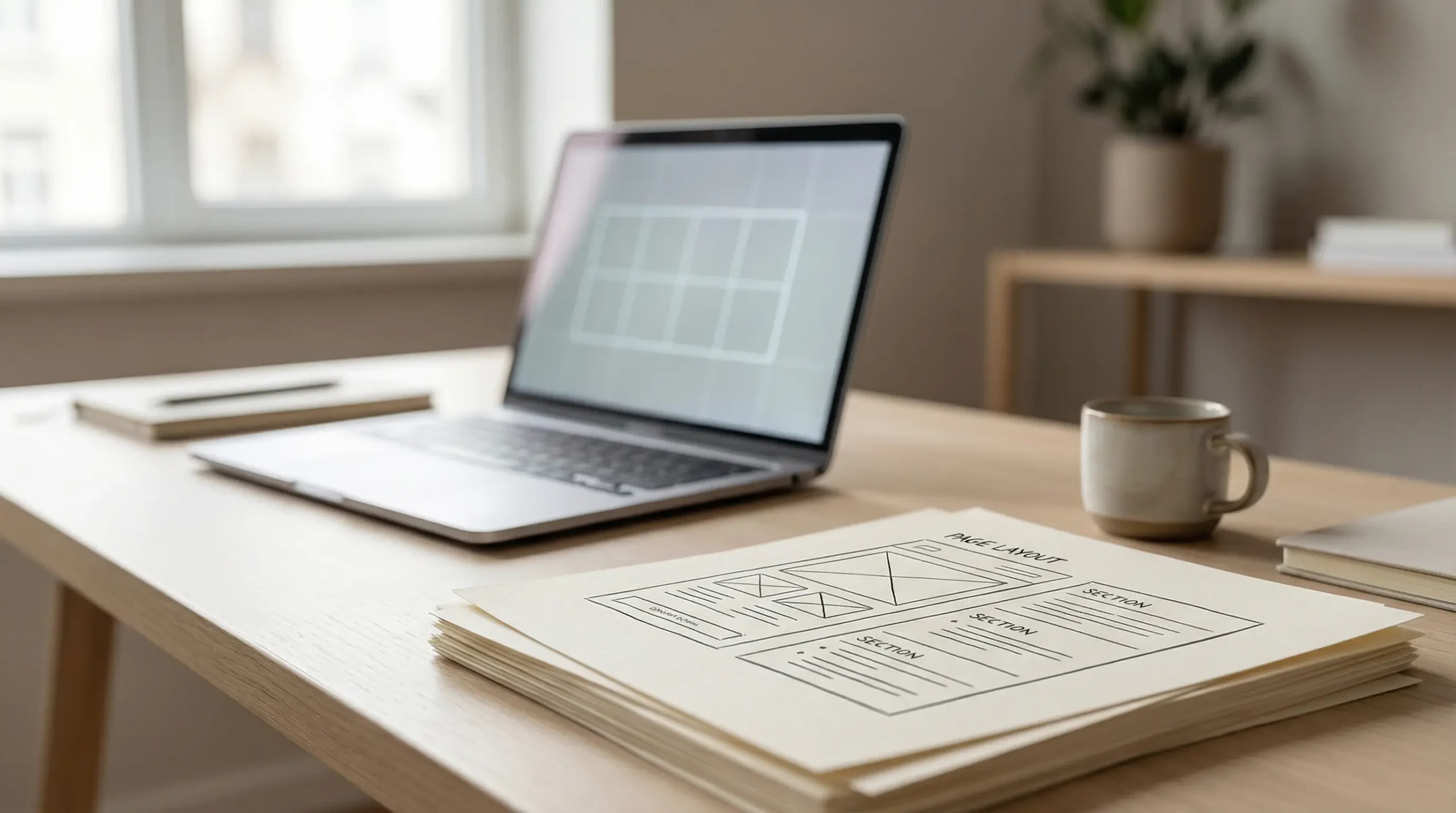 Laptop with layout grid beside printed website wireframes on a desk