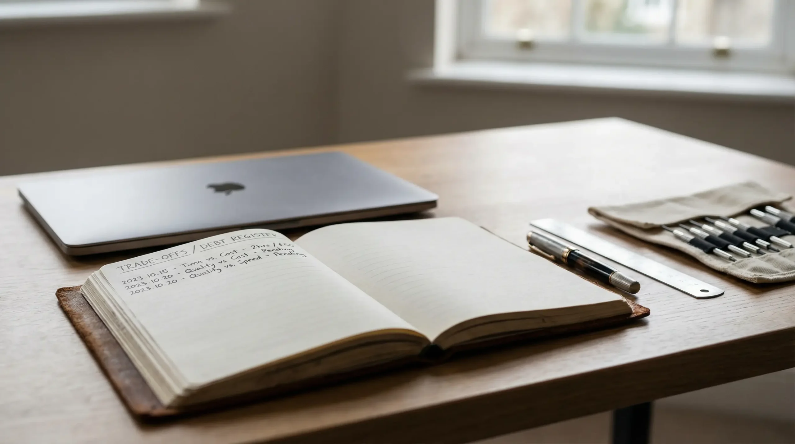 Open notebook labelled “trade-offs” on a desk beside a laptop and tools