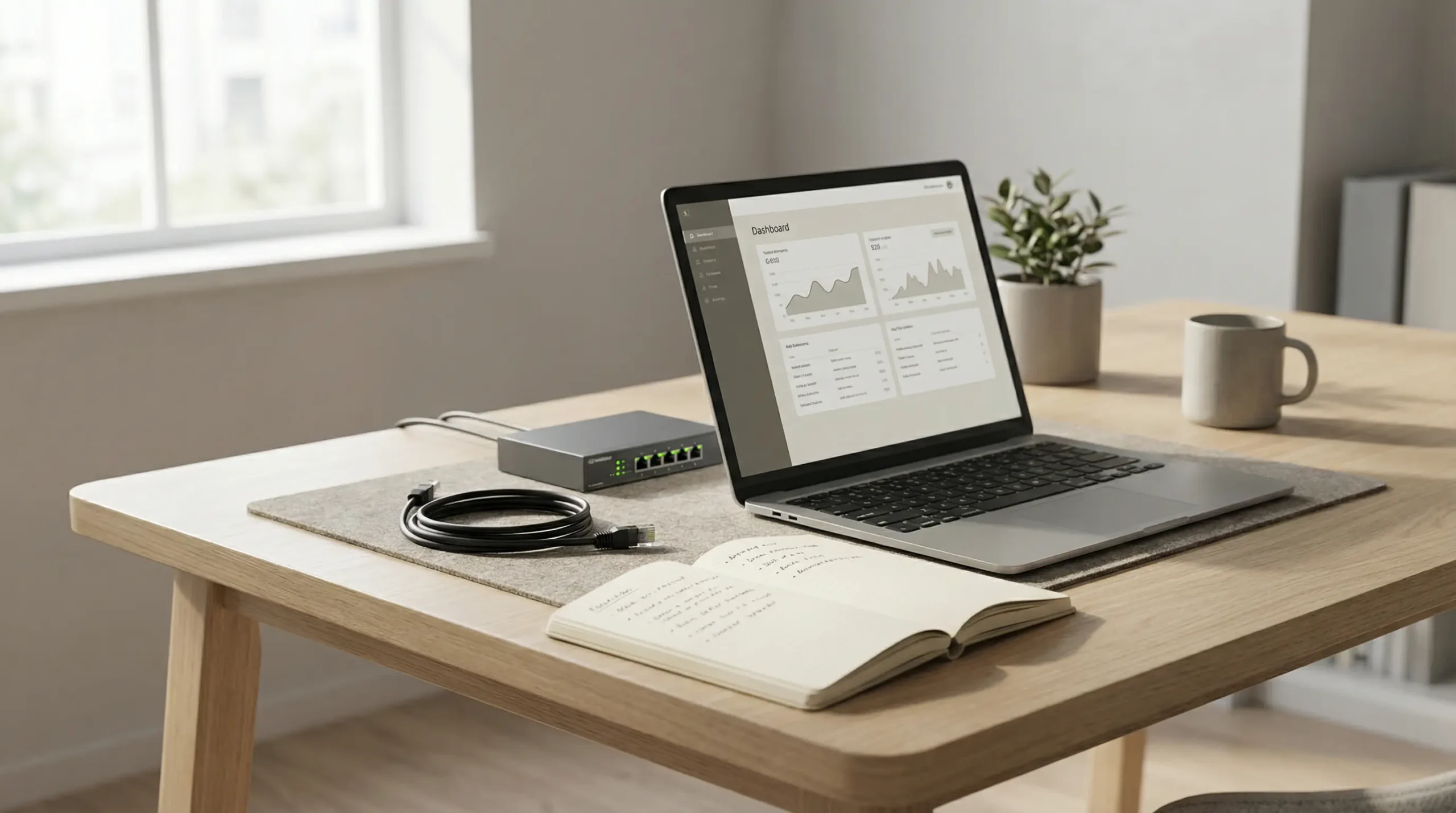 Laptop with dashboard beside a network switch and cable