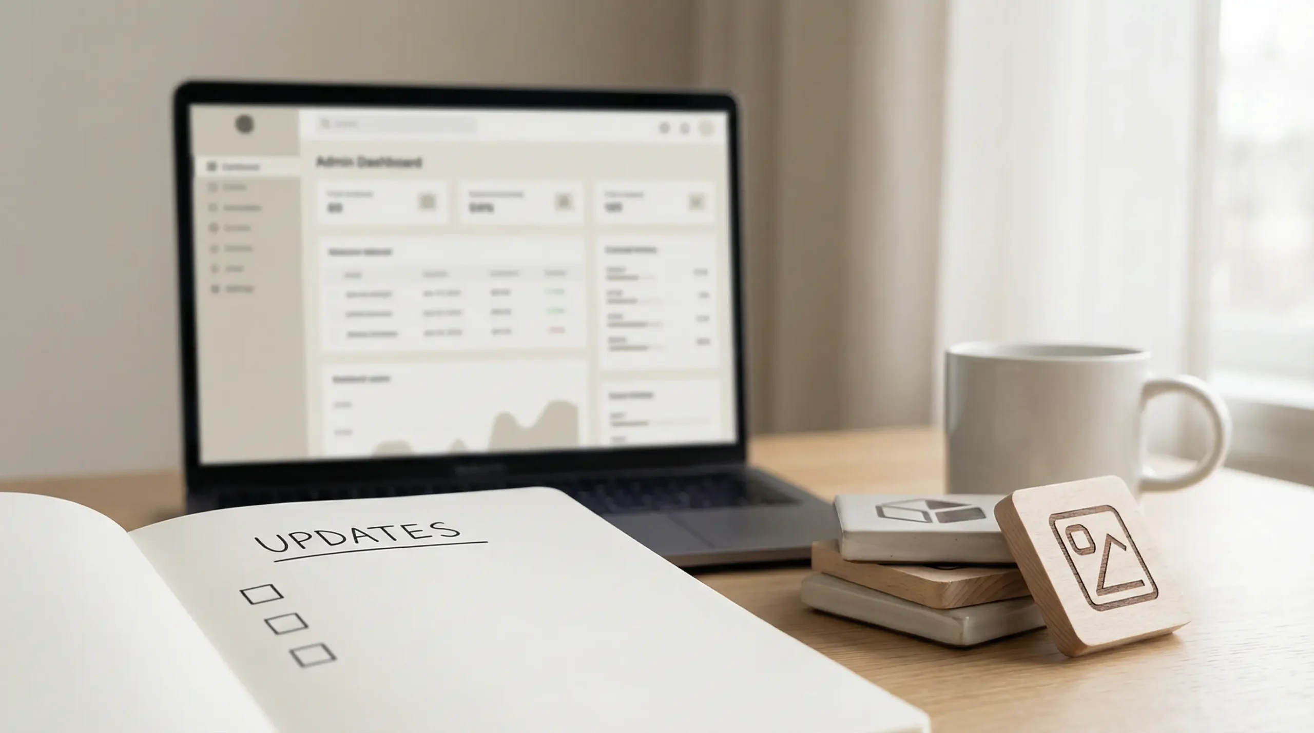 Updates checklist beside a laptop showing an admin dashboard