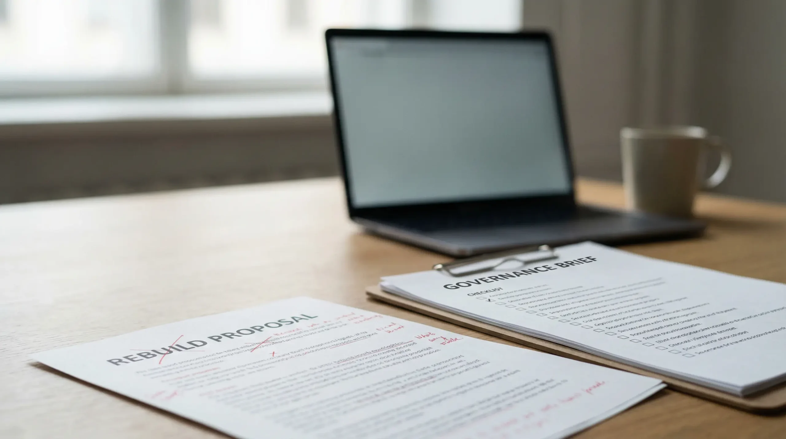 Crossed-out rebuild proposal beside a governance brief checklist