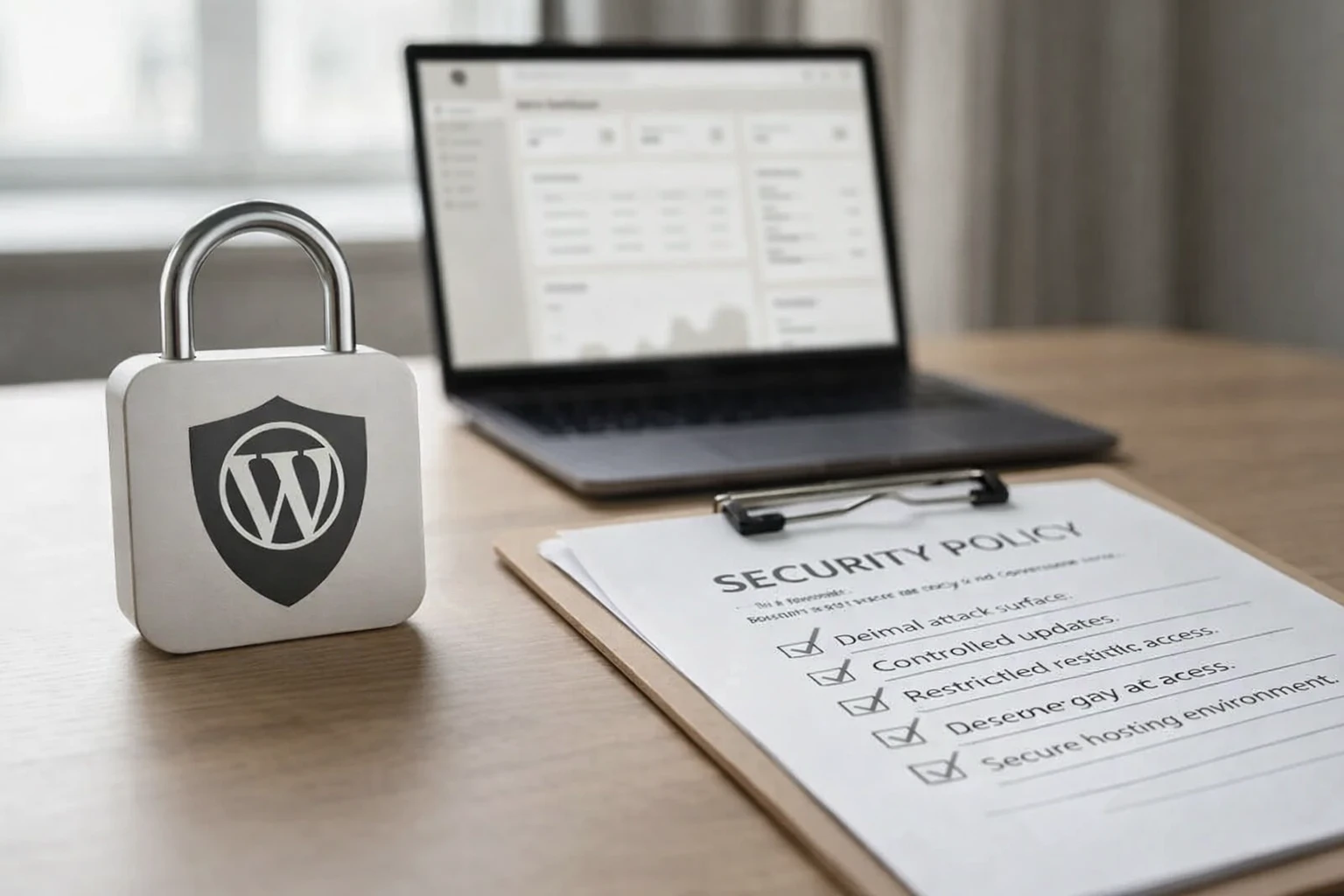 Prikaz upravljanja sigurnošću WordPress sustava s lokotom, administratorskom pločom i sigurnosnom kontrolnom listom